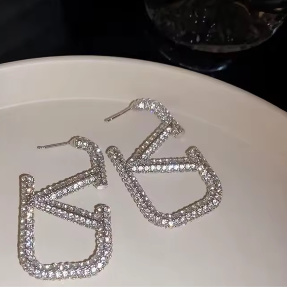Valentino Silver Crystal-Embellished Logo Hoop Earrings